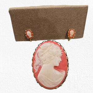 1960s Vintage Cameo Brooch & Clip-On Earrings Set Gold Tone Pink Costume Jewelry